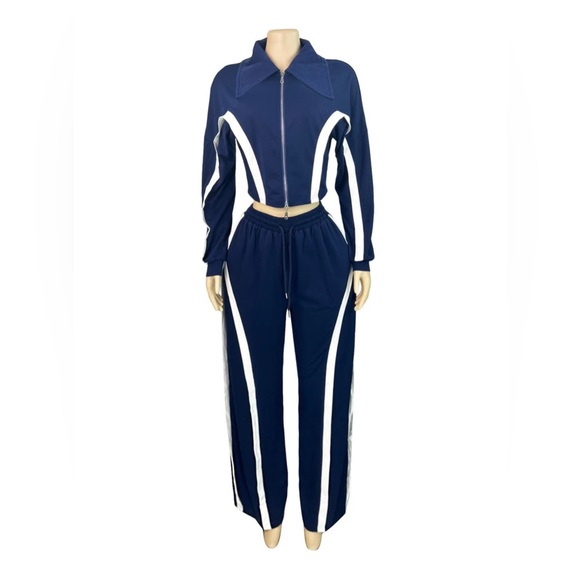 Retro collar jacket and fitted wide leg jogger pants (blue) - Picture 7 of 8